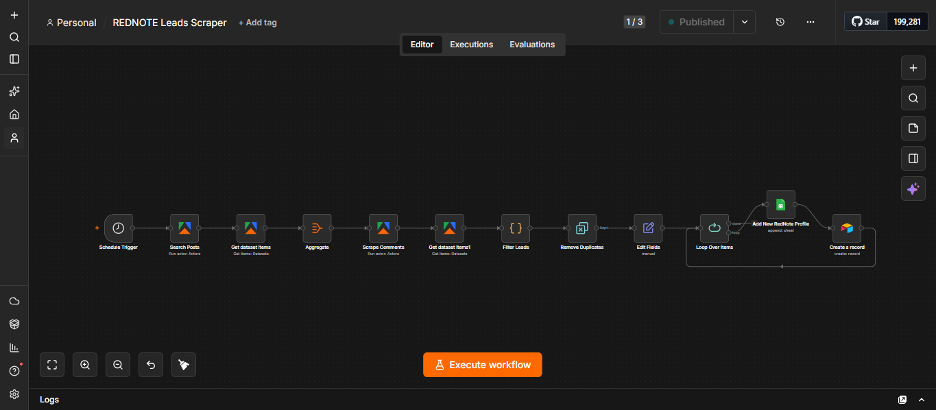 n8n canvas for the RedNote leads scraper workflow